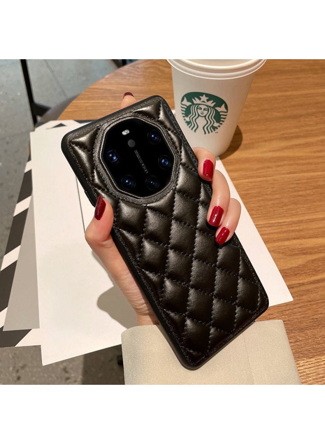 Suitable For Huawei Mate 40rs Porsche Mobile Phone Case Advanced Sense Leather Pattern 40rs Collection Edition Rhomboid Small Fragrance Style Women-Color:Black-Applicable Model:For Huawei Mate40pro 【rhombus Xiangfeng】】 - Image 1