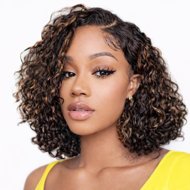 Rolisy 5Ã—5 Closure Bob Wig Human Hair Glueless Wigs Human Hair Pre Plucked Pre Cut Short Curly Human Hair Wig Water Wave C Part Balayage Ombre Lace Frontal Human Hair Wigs for Black Women P1B/30 12 Inch - Image 3