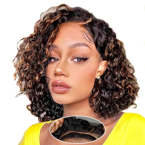 Rolisy 5Ã—5 Closure Bob Wig Human Hair Glueless Wigs Human Hair Pre Plucked Pre Cut Short Curly Human Hair Wig Water Wave C Part Balayage Ombre Lace Frontal Human Hair Wigs for Black Women P1B/30 12 Inch - Image 1