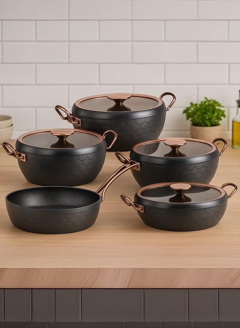 او ام اس طقم طناجر غرانيت مكون من 9 قطع لون  قضي فحمي - Image 1