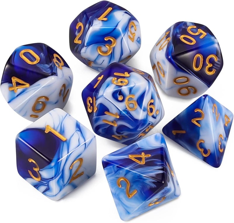 QMAY DND Dice Set - 7 Pcs Polyhedral Dice with D&D Dice Bag for Dungeon and Dragons, RPG, MTG, Role Playing Games Dice (Blue Mix White) - Image 1