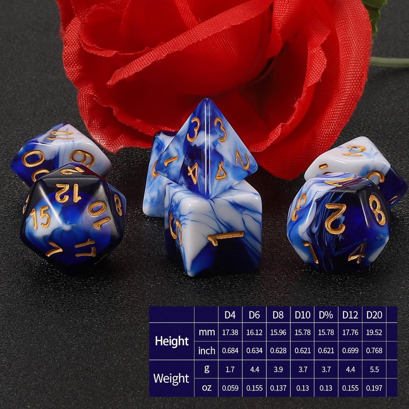QMAY DND Dice Set - 7 Pcs Polyhedral Dice with D&D Dice Bag for Dungeon and Dragons, RPG, MTG, Role Playing Games Dice (Blue Mix White) - Image 2