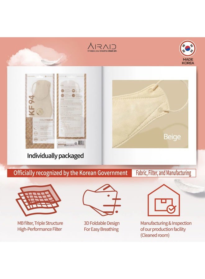 AIRAID KF94 [مغلفة بشكل فردي] - مصنوعة في كوريا، عبوات ثلاثية الأبعاد متعددة الألوان، قناع واقي للوجه، للبالغين والمراهقين الأكبر سناً (بيج-20P) - Image 2