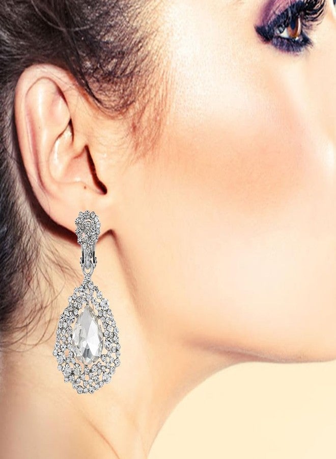 YINLI Full Crystal Hollow Tear Drop Statement Clip on Earrings for Women (White) - Image 2