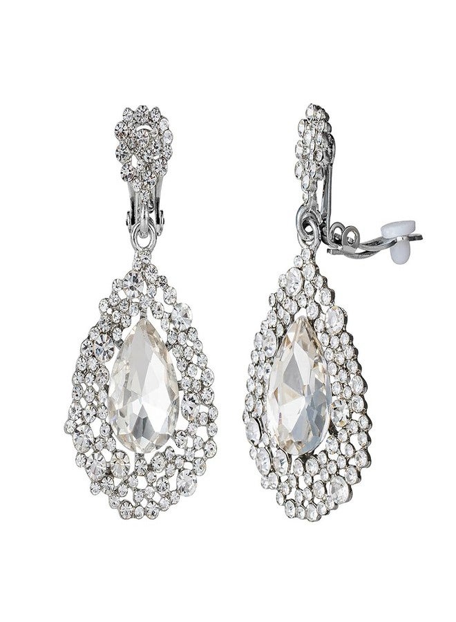 YINLI Full Crystal Hollow Tear Drop Statement Clip on Earrings for Women (White) - Image 1