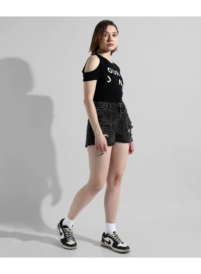 Campus Sutra Women's Black Printed Regular Fit Top