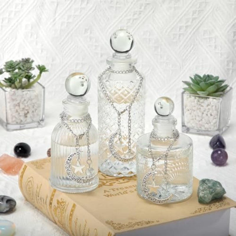 3 Pcs Moon Energy Glass Bottle with 3 Lunar Star Spiritual Moonlight Water Jar Chain Charging Container with Lid for Infusing Intentions Crystal Cleansing Meditation Witchcraft Home Clear - Image 1