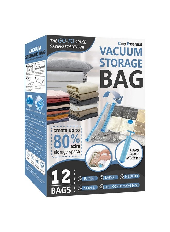 Cozy Essential 12 Pack Vacuum Storage Bags, Space Saver Vacuum Storage Bags, Vacuum Seal Bags for Clothing, Clothes, Comforters and Blankets, Hand Pump Included - Image 1