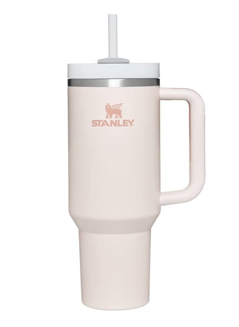 Stanley - 40oz Stainless Steel Cup with Handle and Straw Cover Cold and Hot Drinking Cup Double Vacuum Sealed Insulated Tumbler Cup Reusable Vacuum Travel Coffee Mug (Fog, 40oz(1200ml) (Color: Rose Quartz) - Image 1