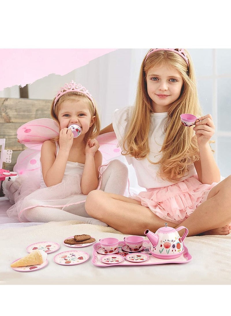 KASTWAVE - Tea Set for Little Girls Pink Tin Tea Party Set for Toddlers Afternoon Tea Time Playset with Metal Teapots Tea Cups Play Dishes Princess Toys with Carry Case Kids Kitchen Dress Up Play Tea Set - Image 1