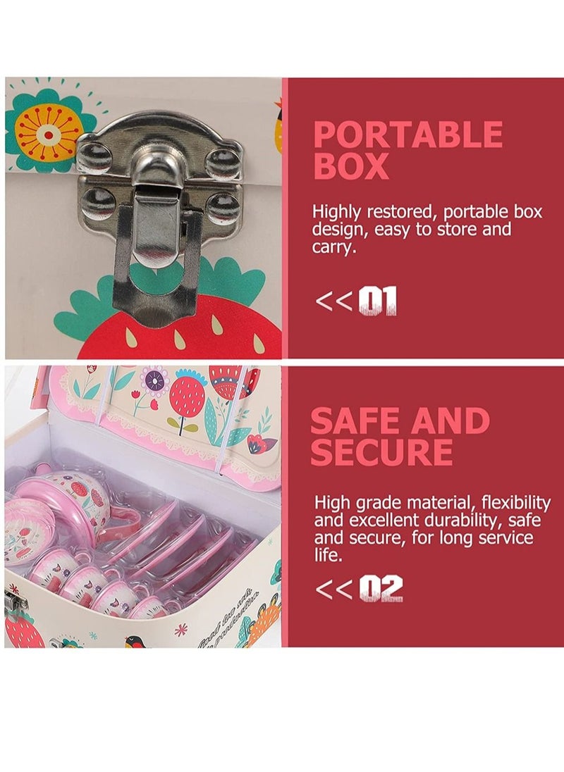 KASTWAVE - Tea Set for Little Girls Pink Tin Tea Party Set for Toddlers Afternoon Tea Time Playset with Metal Teapots Tea Cups Play Dishes Princess Toys with Carry Case Kids Kitchen Dress Up Play Tea Set - Image 1
