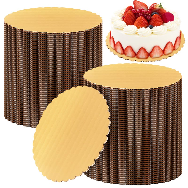 100 Pack Gold Cake Round Board Circle Base Boards Disposable Plate Scalloped Bases Round Coated Circle Trays Base Boards for Dessert Party Supplies6 Inch
