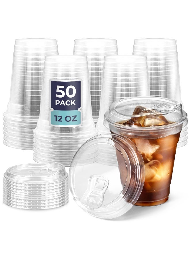 RedMapleTEK 【50 Pcs】 Fit Meal Prep 12 oz Clear Plastic Drinking Cups, BPA Free, Leak Proof, Disposable Cups with Sip Lids for Iced Coffee, Smoothies, Soda, Party Drinks, Bubble Tea, Cold Beverage - Image 1