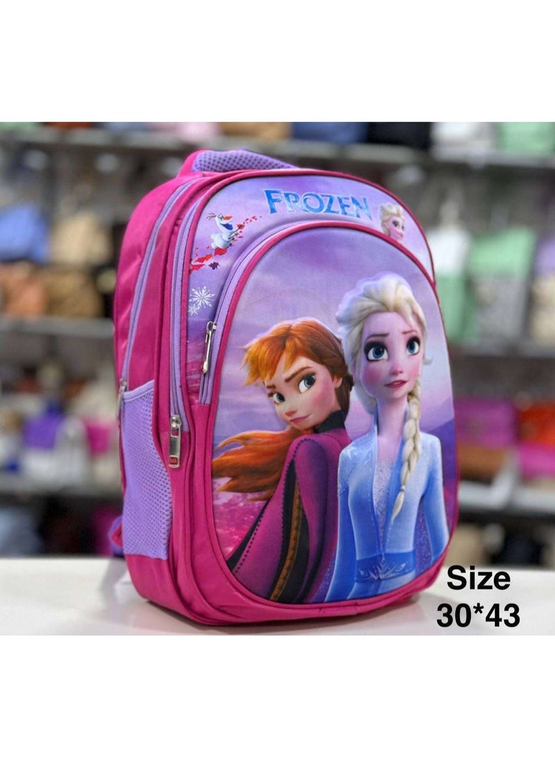 School supplies: School bag featuring a 3D embossed front and cartoon characters, with three zippered compartments.