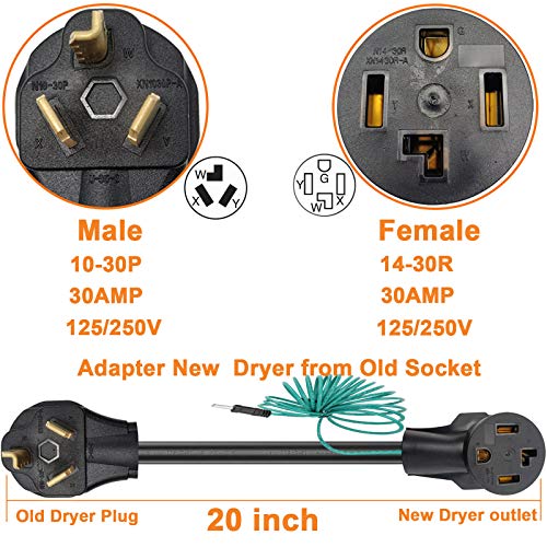 WimiSom Dryer Adapter Cord, 4 Prong to 3 Prong Dryer Adapter Cord Convert 4 Prong Dryer Plug to 3 Prong Wall Outlet, Nema 10-30P Male to 14-30R Female with Safety Ground Wire, 1.5FT STW 10AWG 30Amp 110V/250V - Image 4