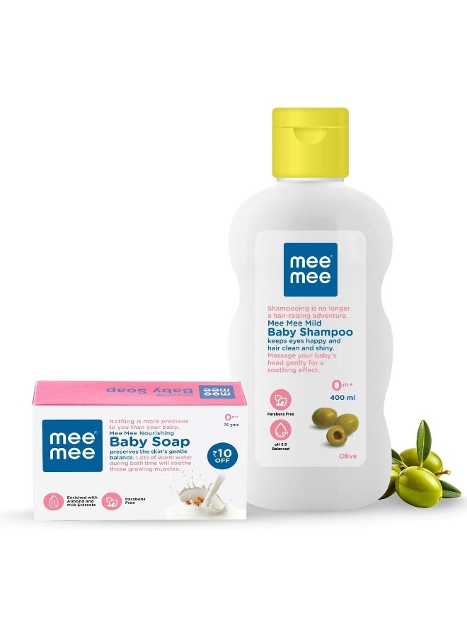 Mee Mee Mild Baby Shampoo with Fruit Extracts, 500ml and Nourishing Baby Soap with Almond and Milk Extracts, 75g - Image 1