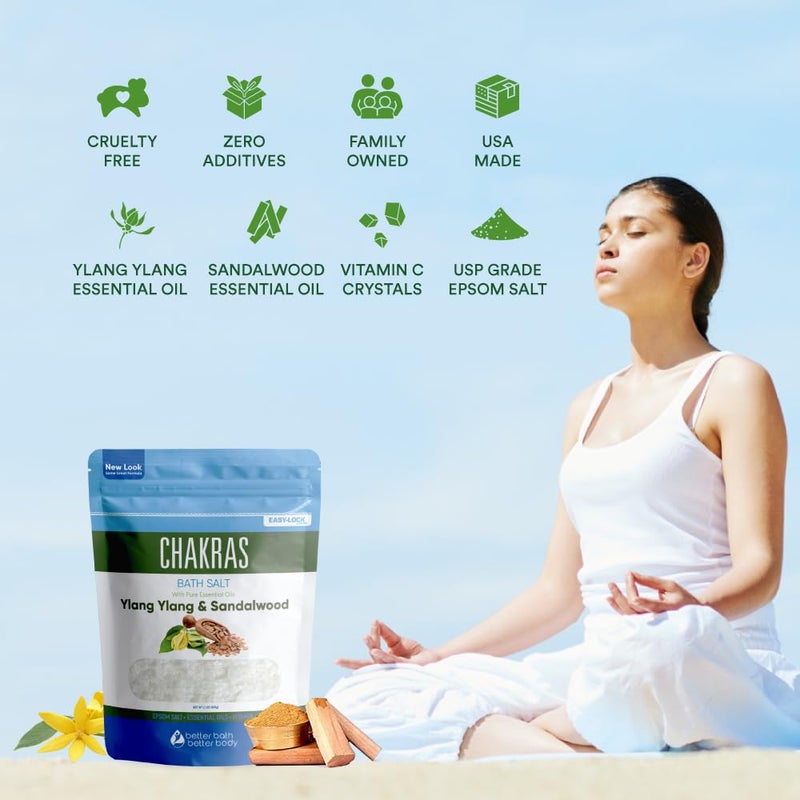 Better Bath Better Body Chakras Bath Salt 32 Ounces Epsom Salt with Natural Ylang Ylang, Sandalwood, Eucalyptus, Frankincense, Chamomile and Cinnamon Essential Oils Plus Vitamin C in BPA Free Pouch with Easy Press-Lock Seal - Image 3