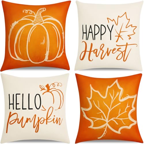 Hongsome Fall DecorThrow Pillow Covers 18x18 in Set of 4Pumpkin Linen Pillow Case for Thanksgiving Couch Autumn Holiday Home Outdoor Burnt Orange White Decorations - Image 1