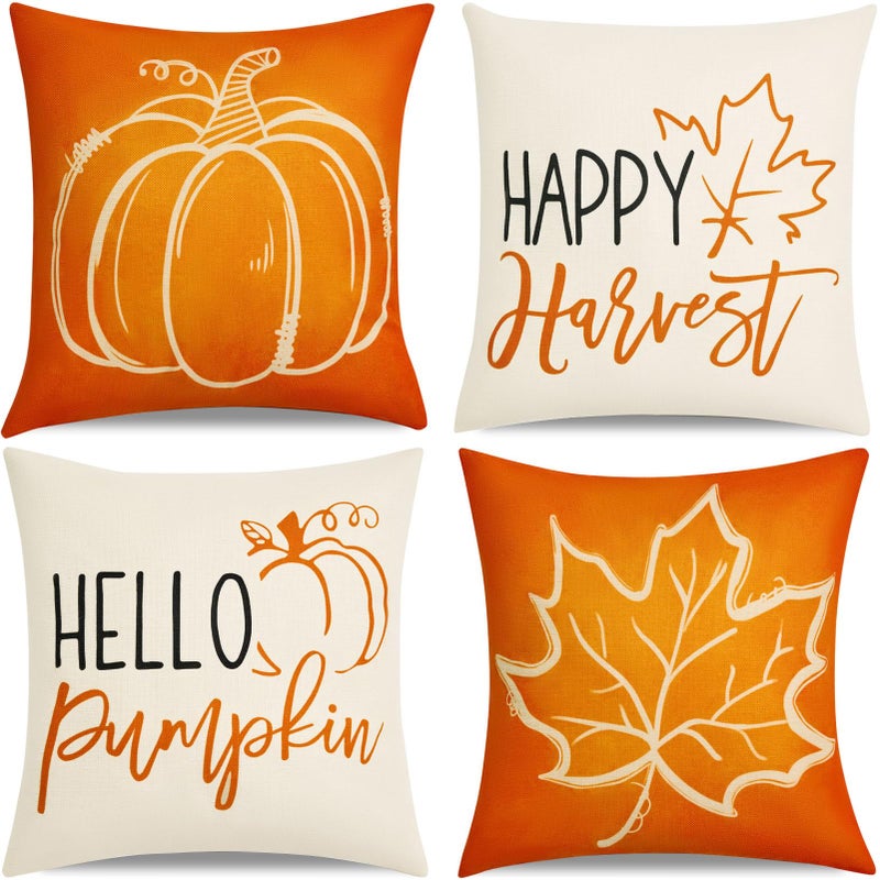 Hongsome Fall DecorThrow Pillow Covers 18x18 in Set of 4Pumpkin Linen Pillow Case for Thanksgiving Couch Autumn Holiday Home Outdoor Burnt Orange White Decorations - Image 2