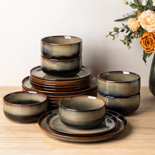 TheTerra Ceramic Dinnerware Sets for 6, 18 Pieces Handmade Reactive Glaze Plates and Bowls Set, Scratch Resistant Dish Set, Oven & Microwave & Dishwasher Safe, Coca Mocha - Image 1