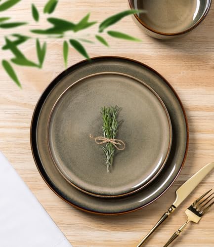 TheTerra Ceramic Dinnerware Sets for 6, 18 Pieces Handmade Reactive Glaze Plates and Bowls Set, Scratch Resistant Dish Set, Oven & Microwave & Dishwasher Safe, Coca Mocha - Image 2