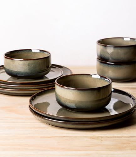 TheTerra Ceramic Dinnerware Sets for 6, 18 Pieces Handmade Reactive Glaze Plates and Bowls Set, Scratch Resistant Dish Set, Oven & Microwave & Dishwasher Safe, Coca Mocha - Image 4