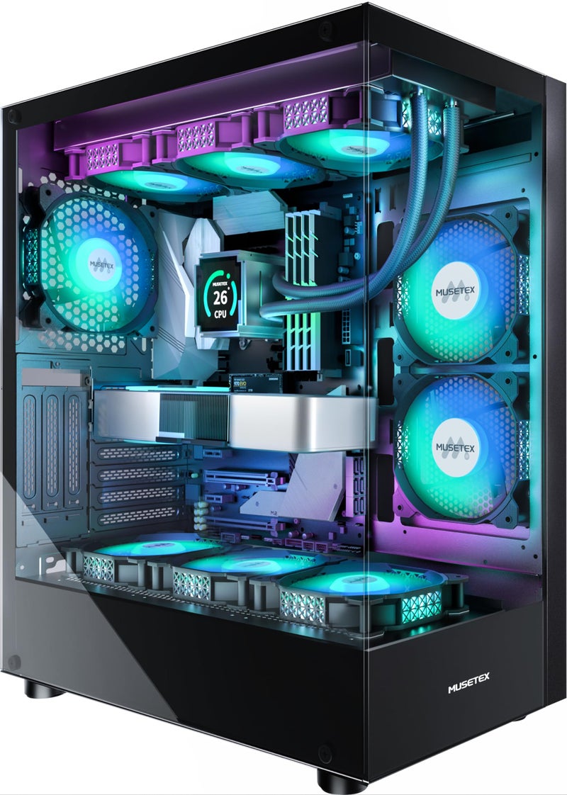 MUSETEX حافظة كمبيوتر MUSETEX ATX مع 6 مراوح PWM ARGB مثبتة مسبقًا، حافظة كمبيوتر متوسطة الحجم من نوع-C مع زجاج مزدوج مقسى كامل الرؤية، حافظة ألعاب كمبيوتر، أسود (K2) - Image 1