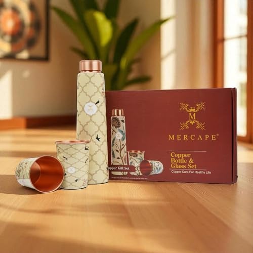 MERCAPE® - Pure Copper Water Bottle | Leak Proof, Durable & Rust Proof | Non-Toxic & BPA Free Steel Bottles Tamba Bottle with Glass Set Best Suitable Gift (900 ml, 2 x 300 ml) (Multicolour 2) - Image 2