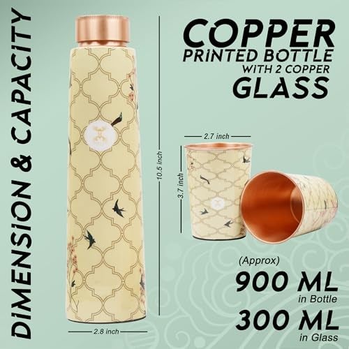 MERCAPE® - Pure Copper Water Bottle | Leak Proof, Durable & Rust Proof | Non-Toxic & BPA Free Steel Bottles Tamba Bottle with Glass Set Best Suitable Gift (900 ml, 2 x 300 ml) (Multicolour 2) - Image 3
