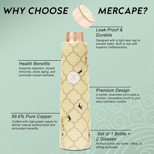 MERCAPE® - Pure Copper Water Bottle | Leak Proof, Durable & Rust Proof | Non-Toxic & BPA Free Steel Bottles Tamba Bottle with Glass Set Best Suitable Gift (900 ml, 2 x 300 ml) (Multicolour 2) - Image 5