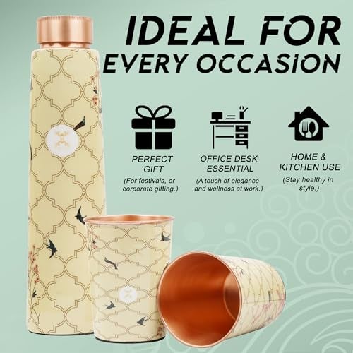 MERCAPE® - Pure Copper Water Bottle | Leak Proof, Durable & Rust Proof | Non-Toxic & BPA Free Steel Bottles Tamba Bottle with Glass Set Best Suitable Gift (900 ml, 2 x 300 ml) (Multicolour 2) - Image 4