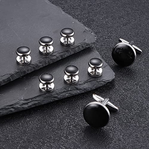 ORAZIO Mens Cufflinks and Studs Set Tuxedo Shirts Classic Black&Silver Match for Business Wedding Formal Suit Wedding Gifts for Men - Image 5