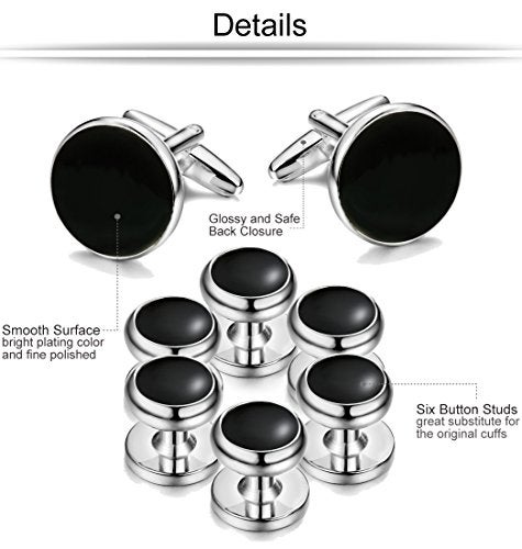 ORAZIO Mens Cufflinks and Studs Set Tuxedo Shirts Classic Black&Silver Match for Business Wedding Formal Suit Wedding Gifts for Men - Image 2