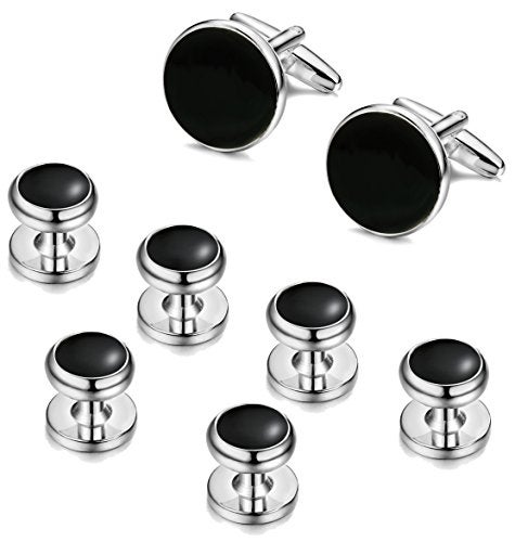ORAZIO Mens Cufflinks and Studs Set Tuxedo Shirts Classic Black&Silver Match for Business Wedding Formal Suit Wedding Gifts for Men - Image 1