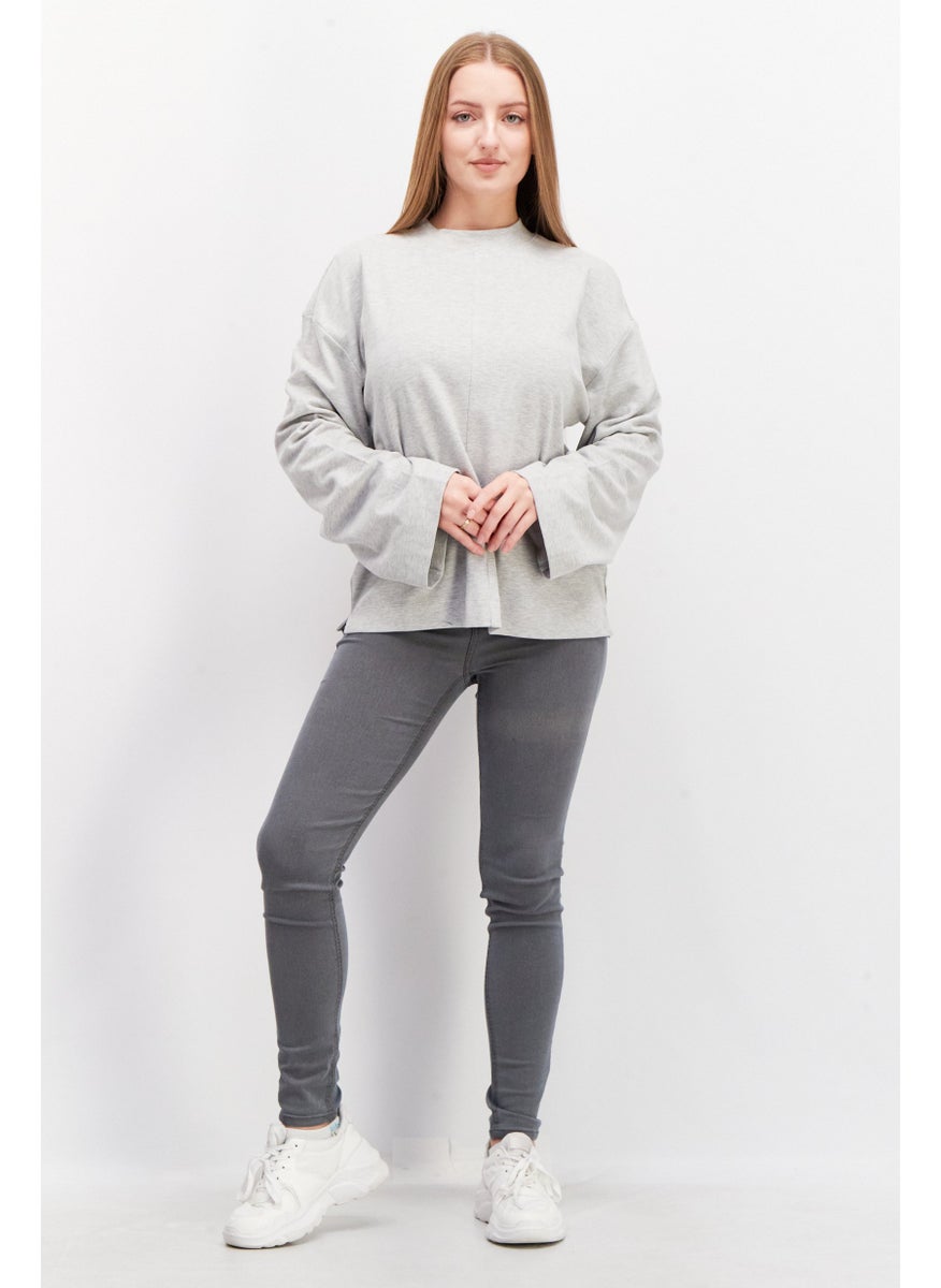 EDC Women Crew Neck Long Sleeve Solid Sweatshirt, Grey  - Image 4