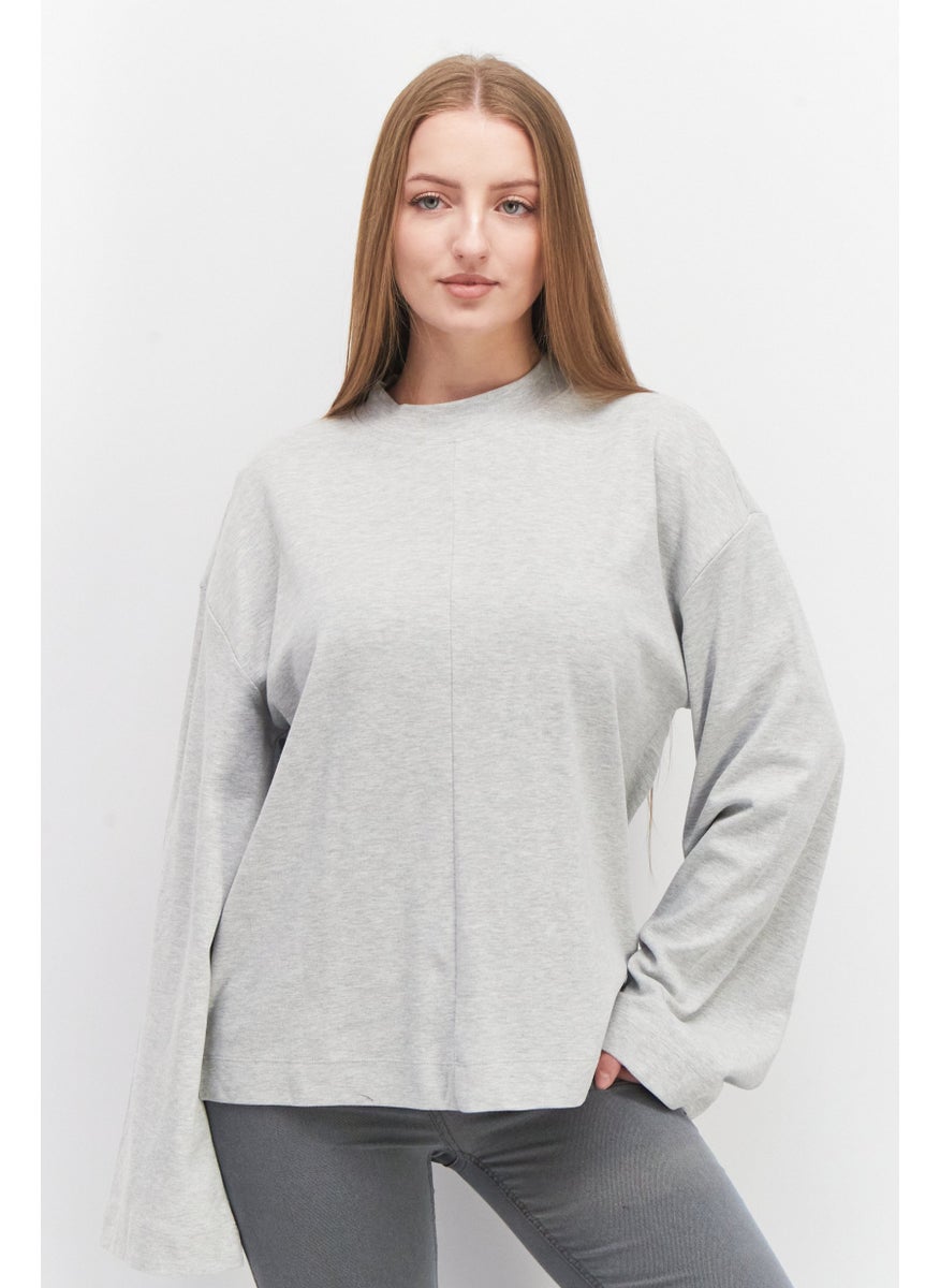 EDC Women Crew Neck Long Sleeve Solid Sweatshirt, Grey  - Image 1