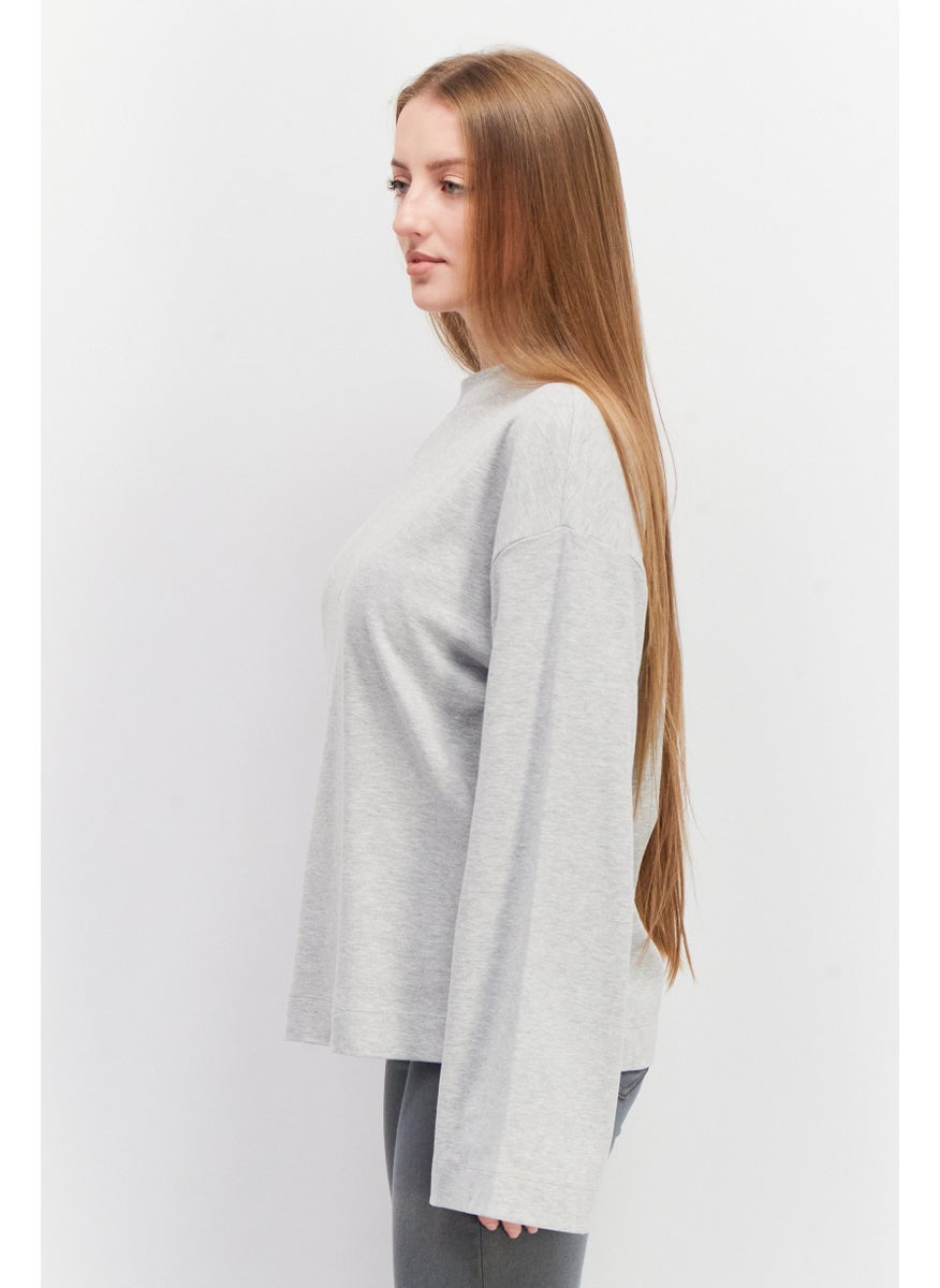EDC Women Crew Neck Long Sleeve Solid Sweatshirt, Grey  - Image 2