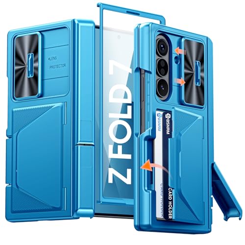 BSNRM for Samsung Galaxy Z Fold 7 Case with Card Holder RFID Blocking, Built in Slide Lens Cover & Hinge Protection & Kickstand & Screen Protector, Shockproof Wallet Case for Z Fold 7 (Lake Blue) - Image 1