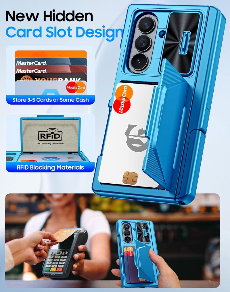 BSNRM for Samsung Galaxy Z Fold 7 Case with Card Holder RFID Blocking, Built in Slide Lens Cover & Hinge Protection & Kickstand & Screen Protector, Shockproof Wallet Case for Z Fold 7 (Lake Blue) - Image 3