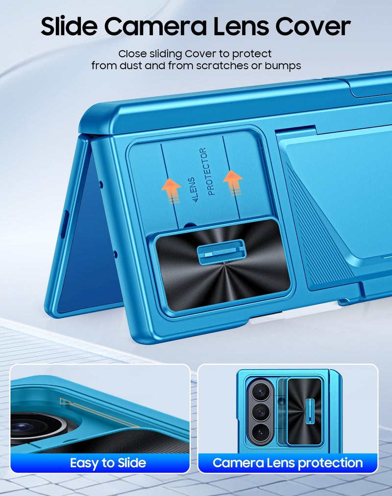 BSNRM for Samsung Galaxy Z Fold 7 Case with Card Holder RFID Blocking, Built in Slide Lens Cover & Hinge Protection & Kickstand & Screen Protector, Shockproof Wallet Case for Z Fold 7 (Lake Blue) - Image 4