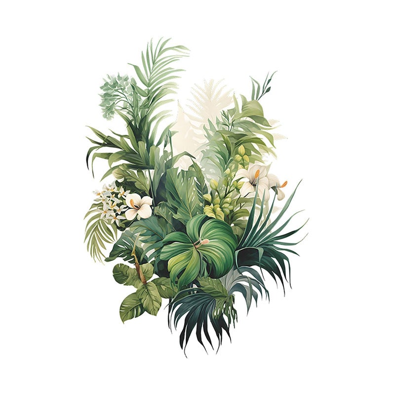 CharmFlo Botanical Wall Decals with Palm Leaves Lush Green Foliage White Flowers Removable Peel and Stick Wall Art 22.4x15.7 inches for Living Room Nursery Home Decor - Image 1