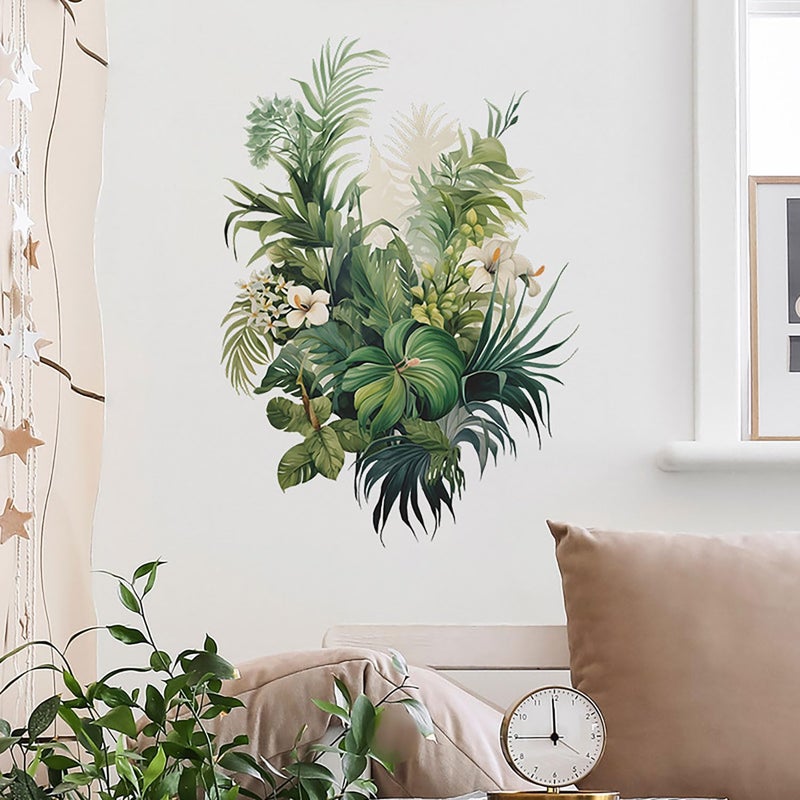 CharmFlo Botanical Wall Decals with Palm Leaves Lush Green Foliage White Flowers Removable Peel and Stick Wall Art 22.4x15.7 inches for Living Room Nursery Home Decor - Image 5