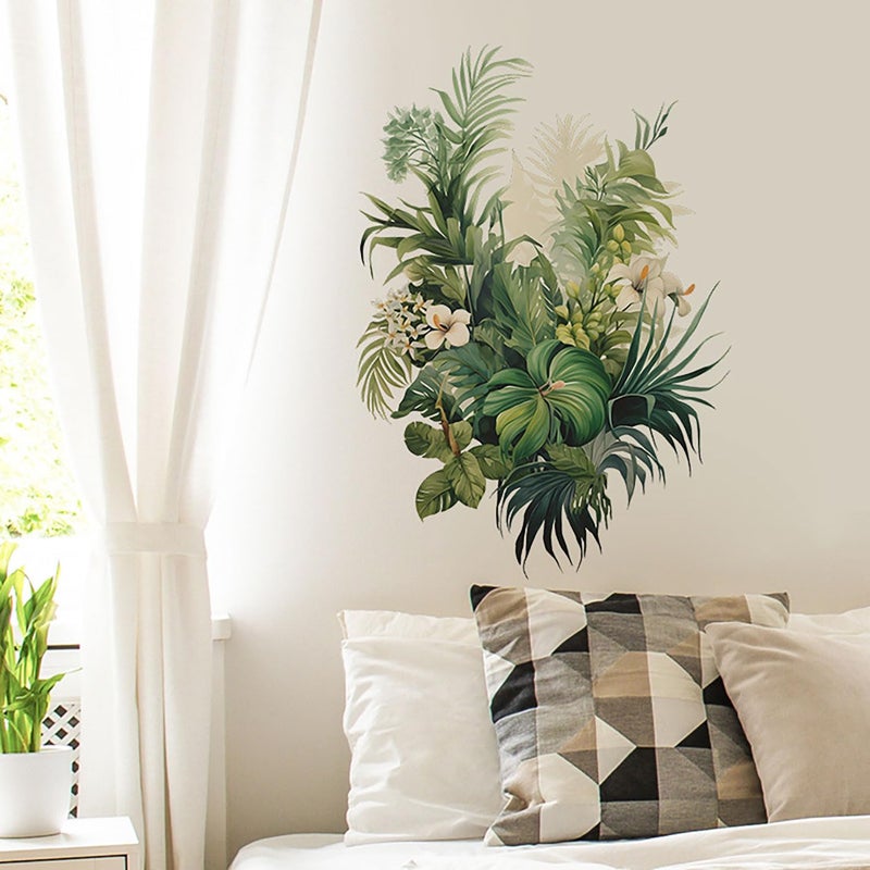 CharmFlo Botanical Wall Decals with Palm Leaves Lush Green Foliage White Flowers Removable Peel and Stick Wall Art 22.4x15.7 inches for Living Room Nursery Home Decor - Image 4
