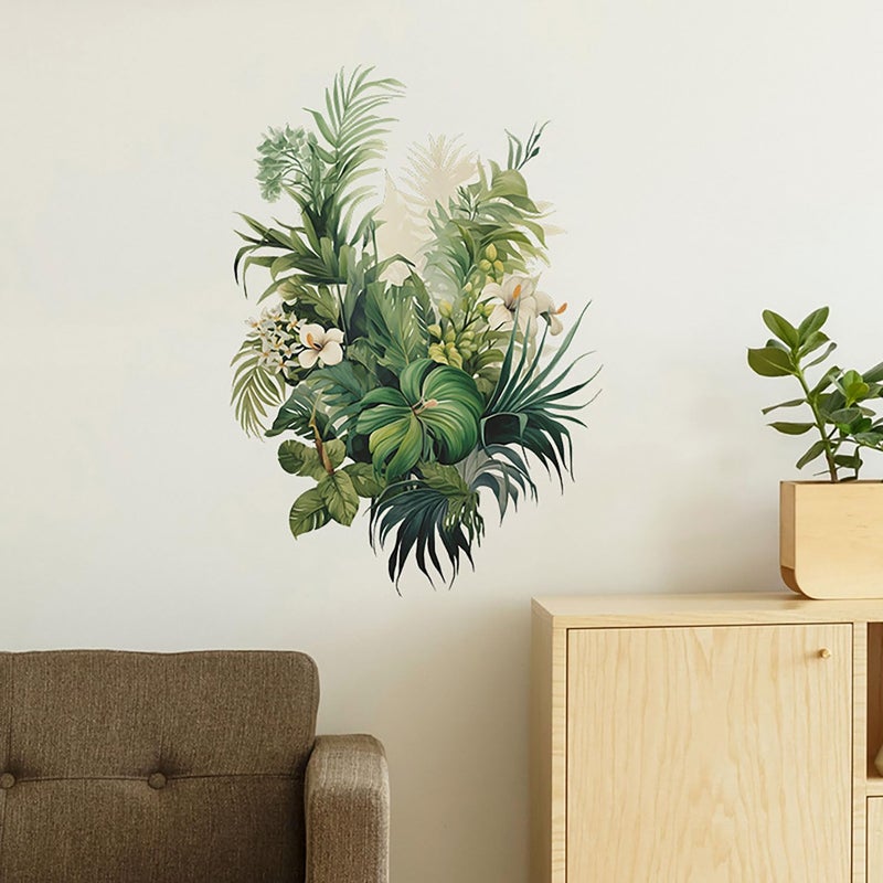 CharmFlo Botanical Wall Decals with Palm Leaves Lush Green Foliage White Flowers Removable Peel and Stick Wall Art 22.4x15.7 inches for Living Room Nursery Home Decor - Image 3