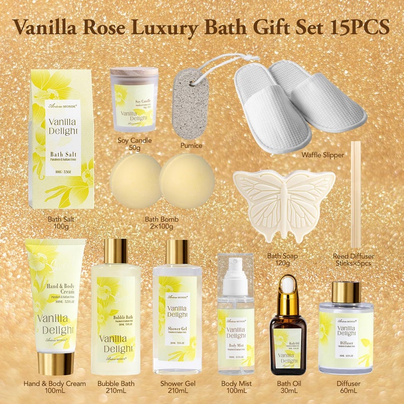 ArioseMonde Spa Gifts for Women 15Pcs Vanilla Rose Women Spa Gift Baskets wBody Mist Diffuser Bath Bomb Relaxing Bath Sets Mothers Day Gifts for Mom Unique Birthday Gift Basket - Image 2