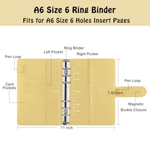 Antner A6 Binder 6 Ring Refillable Notebook Planner Cover for A6 Refill Paper, PU Leather Loose Leaf Personal Budget Planner Money Organizer Binder with Magnetic Buckle Closure, Yellow - Image 2