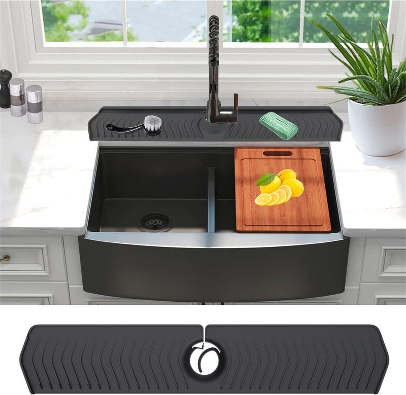 EORROE Large Size Kitchen Sink Splash Guard, 30"Silicone Faucet Handle Drip Catcher Tray Mat for for Kitchen Countertop, Bathroom, Farmhouse (Black, 30" x 5.7") - Image 1