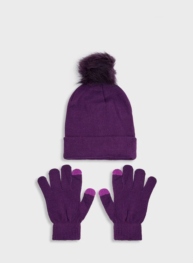 ELLA Winter Beanie With Pom Pom  & Glove Set