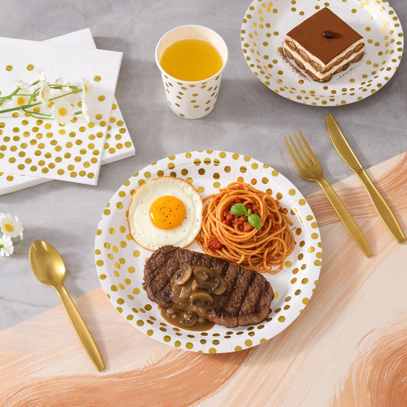 Fijinhom White and Gold Dot Paper Plates Set, 175 PCS Party Supplies, Disposable Dinnerware Set for 25 Guests, Gold Dot Paper Plates Napkins Cups Gold Plastic Forks Knives Spoons for Christmas - Image 4