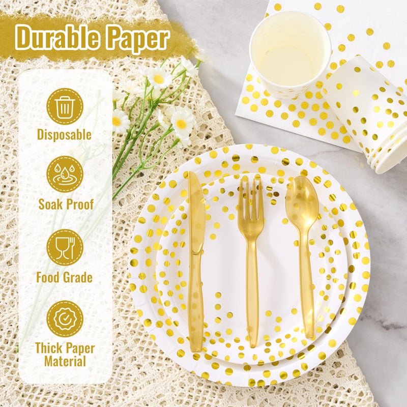 Fijinhom White and Gold Dot Paper Plates Set, 175 PCS Party Supplies, Disposable Dinnerware Set for 25 Guests, Gold Dot Paper Plates Napkins Cups Gold Plastic Forks Knives Spoons for Christmas - Image 3
